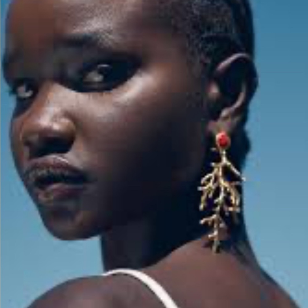 Gold Coral Branch Earrings with Red Accents